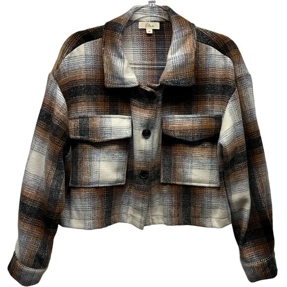 Elan Jackets & Blazers - Elan Women’s Sz M Plaid Pattern Short Jacket, Pockets, Blue, Brown, Tan & Cream